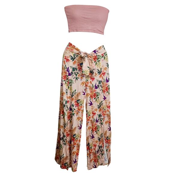 SHORE Pink Tube Top Tropical Palazzo Pants SET‎ sz XS Resortwear NWT MSRP $256 - Picture 1 of 5